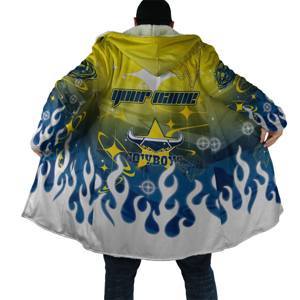 Personalized North Queensland Cowboys Cloak Y2K Grunge Aesthetic With Cyber Flames and Starburst Graphics