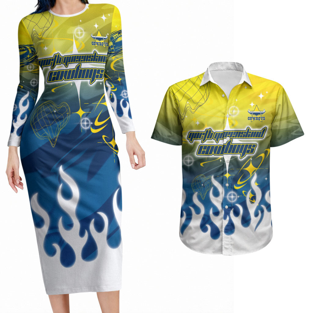 Personalized North Queensland Cowboys Couples Matching Long Sleeve Bodycon Dress and Hawaiian Shirt Y2K Grunge Aesthetic With Cyber Flames and Starburst Graphics