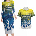 Personalized North Queensland Cowboys Couples Matching Long Sleeve Bodycon Dress and Hawaiian Shirt Y2K Grunge Aesthetic With Cyber Flames and Starburst Graphics