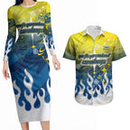 Personalized North Queensland Cowboys Couples Matching Long Sleeve Bodycon Dress and Hawaiian Shirt Y2K Grunge Aesthetic With Cyber Flames and Starburst Graphics