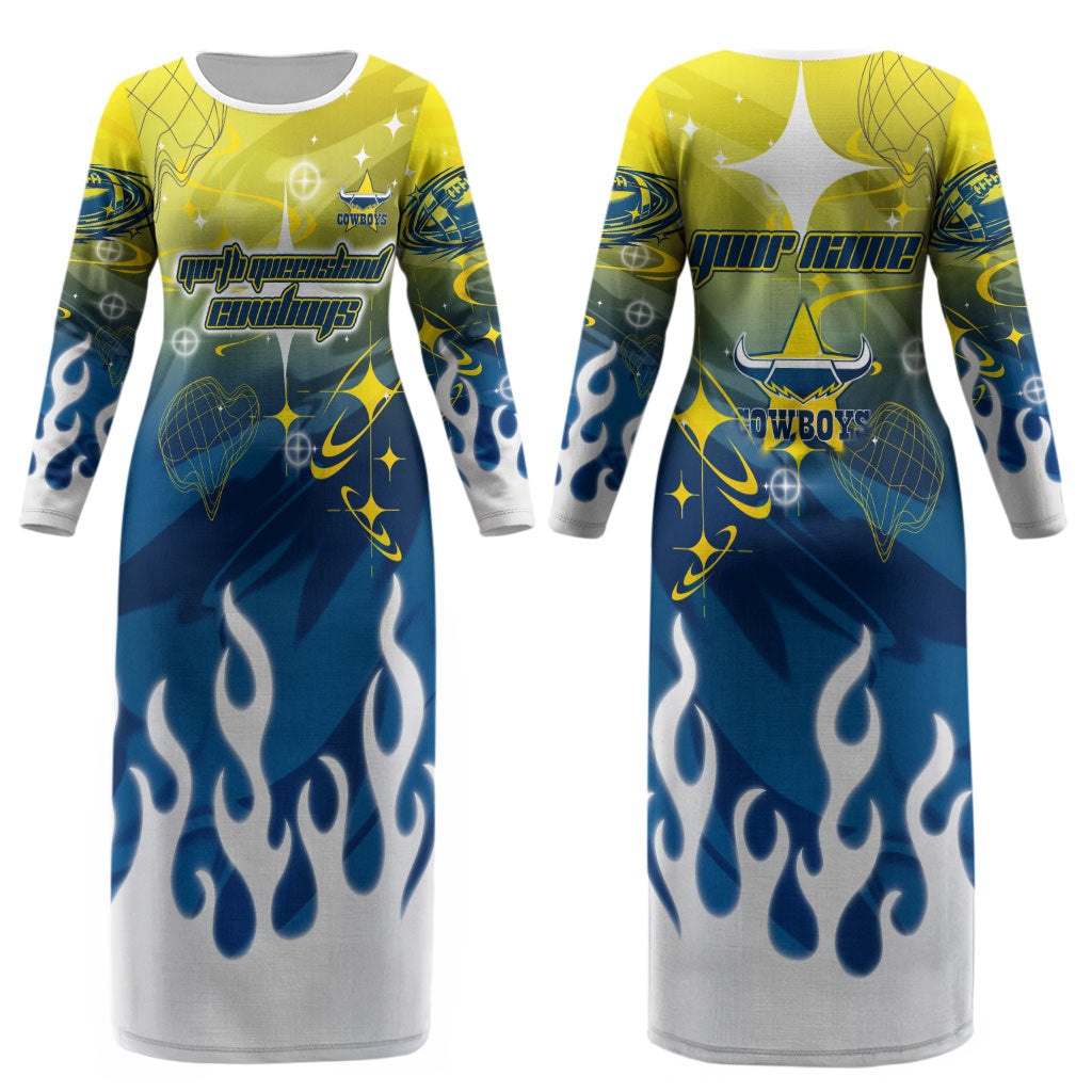 Personalized North Queensland Cowboys Couples Matching Long Sleeve Bodycon Dress and Hawaiian Shirt Y2K Grunge Aesthetic With Cyber Flames and Starburst Graphics