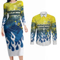 Personalized North Queensland Cowboys Couples Matching Long Sleeve Bodycon Dress and Long Sleeve Button Shirt Y2K Grunge Aesthetic With Cyber Flames and Starburst Graphics