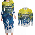 Personalized North Queensland Cowboys Couples Matching Long Sleeve Bodycon Dress and Long Sleeve Button Shirt Y2K Grunge Aesthetic With Cyber Flames and Starburst Graphics