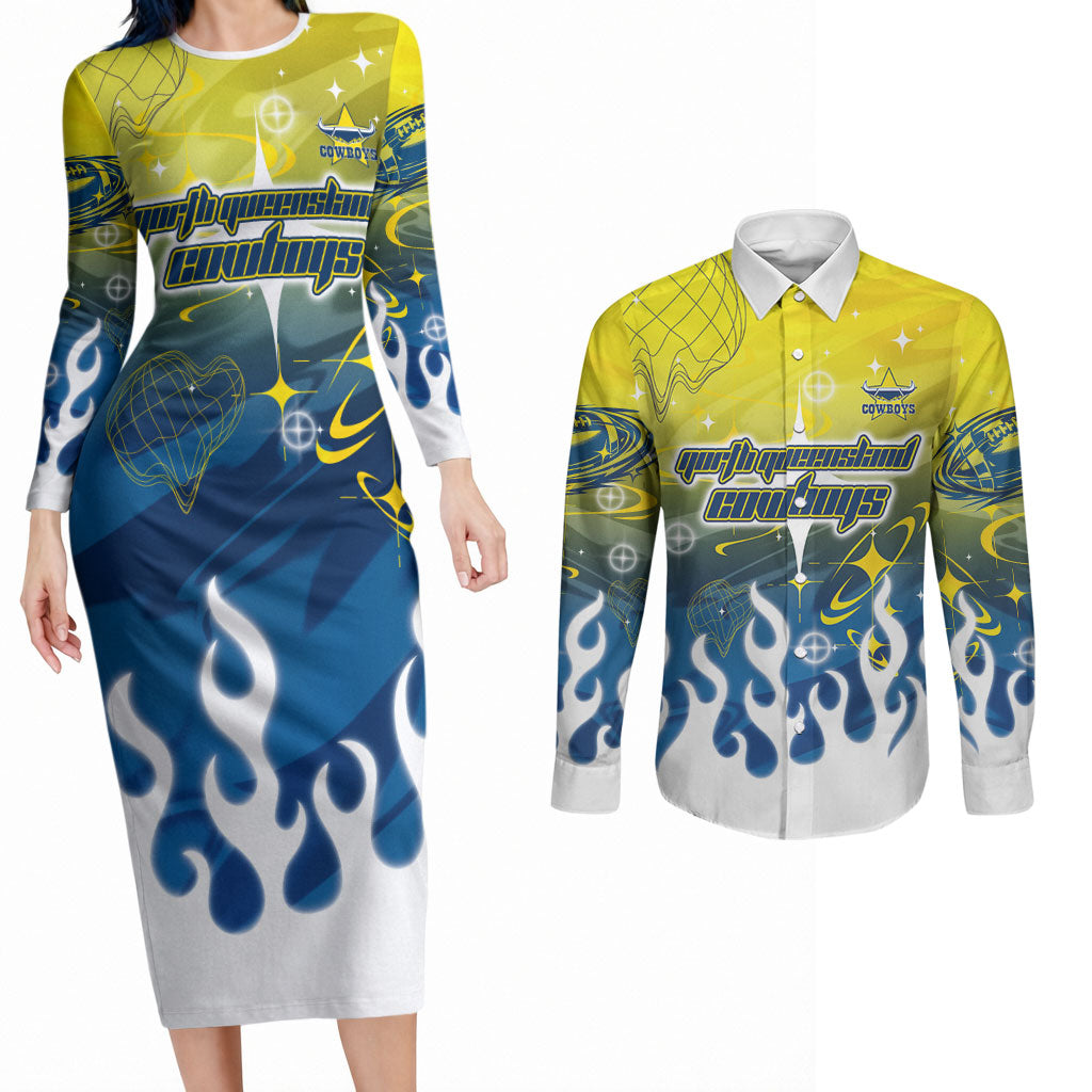Personalized North Queensland Cowboys Couples Matching Long Sleeve Bodycon Dress and Long Sleeve Button Shirt Y2K Grunge Aesthetic With Cyber Flames and Starburst Graphics