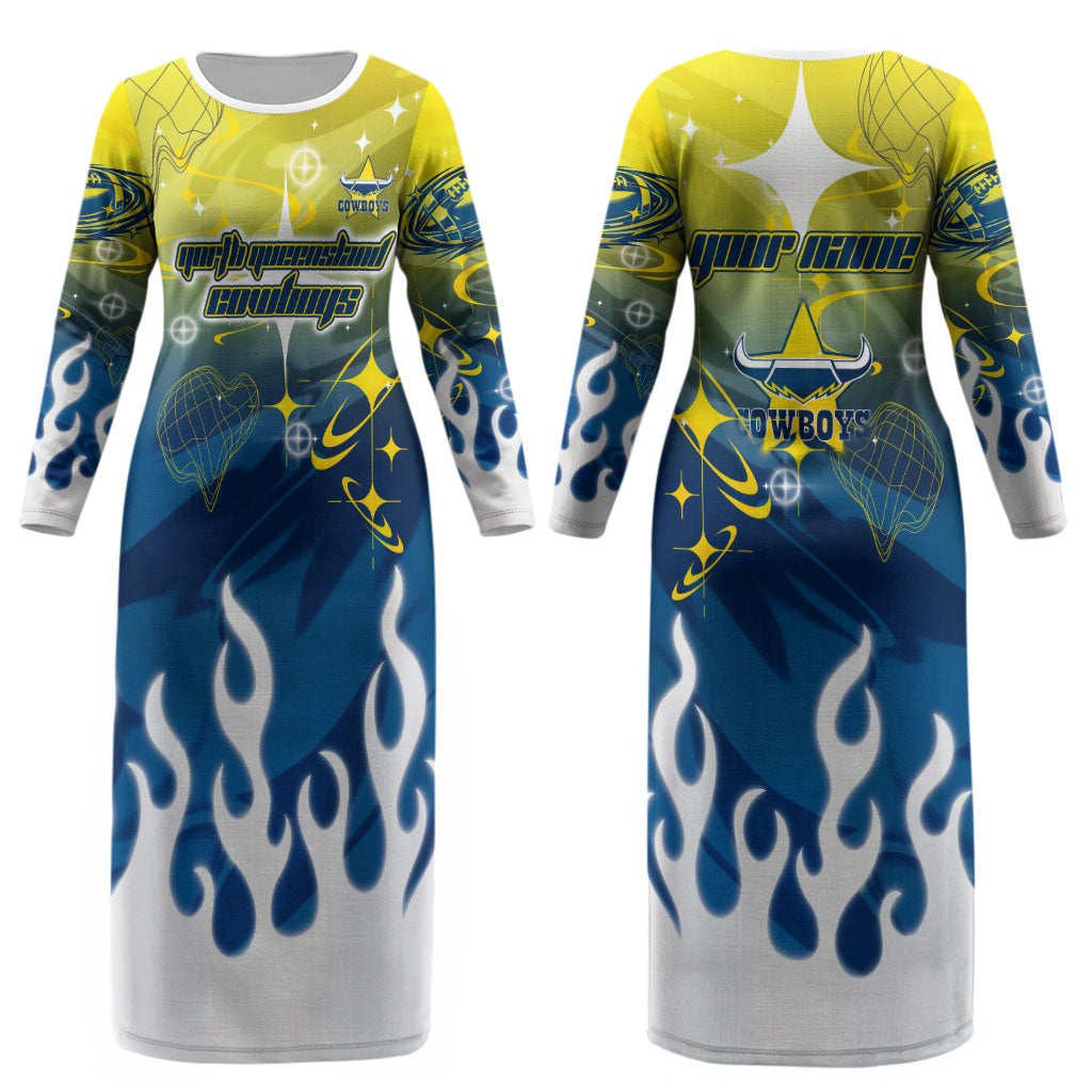Personalized North Queensland Cowboys Couples Matching Long Sleeve Bodycon Dress and Long Sleeve Button Shirt Y2K Grunge Aesthetic With Cyber Flames and Starburst Graphics