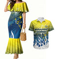 Personalized North Queensland Cowboys Couples Matching Mermaid Dress and Hawaiian Shirt Y2K Grunge Aesthetic With Cyber Flames and Starburst Graphics