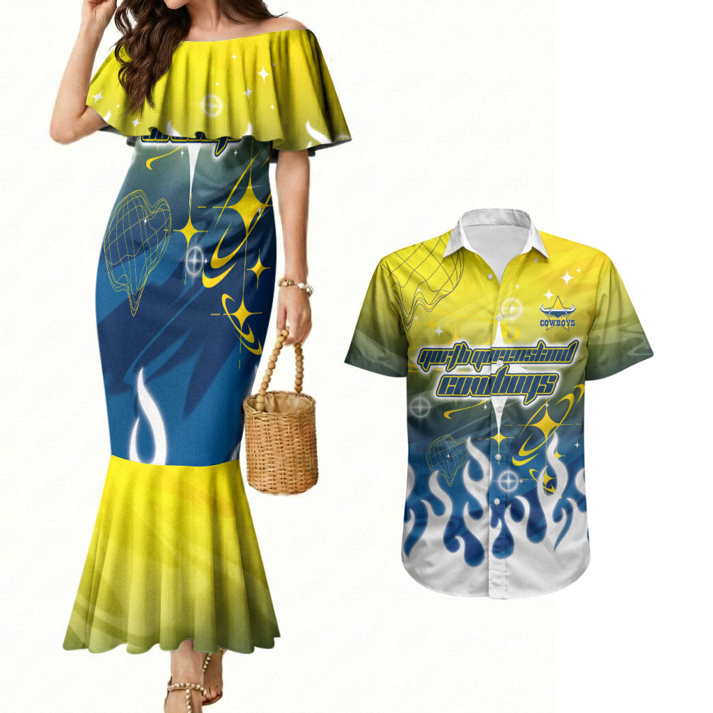 Personalized North Queensland Cowboys Couples Matching Mermaid Dress and Hawaiian Shirt Y2K Grunge Aesthetic With Cyber Flames and Starburst Graphics