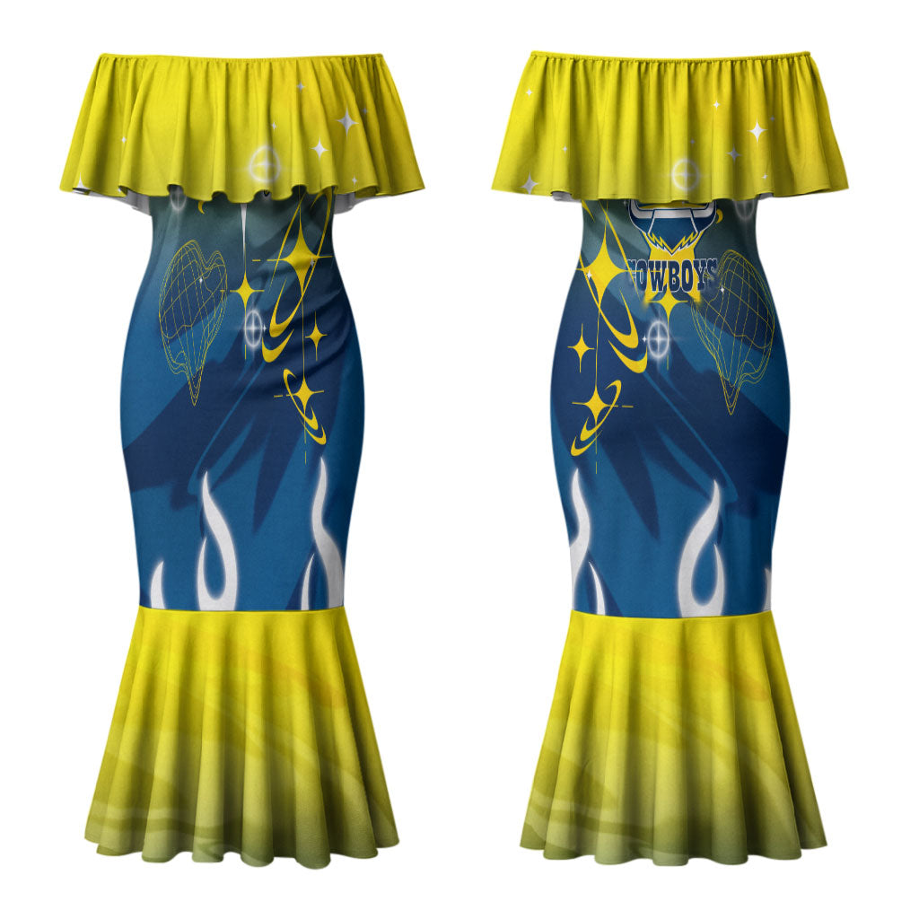 Personalized North Queensland Cowboys Couples Matching Mermaid Dress and Hawaiian Shirt Y2K Grunge Aesthetic With Cyber Flames and Starburst Graphics