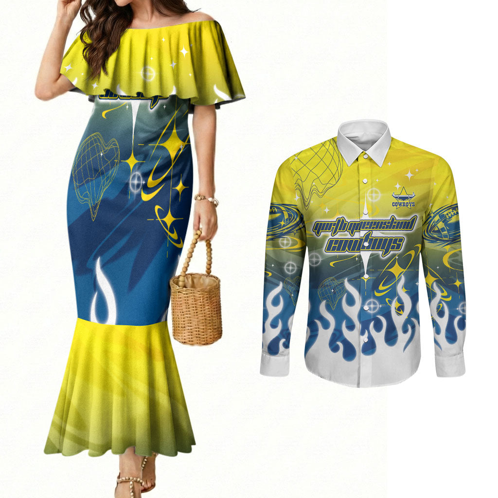 Personalized North Queensland Cowboys Couples Matching Mermaid Dress and Long Sleeve Button Shirt Y2K Grunge Aesthetic With Cyber Flames and Starburst Graphics
