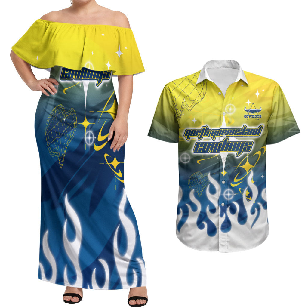 Personalized North Queensland Cowboys Couples Matching Off Shoulder Maxi Dress and Hawaiian Shirt Y2K Grunge Aesthetic With Cyber Flames and Starburst Graphics