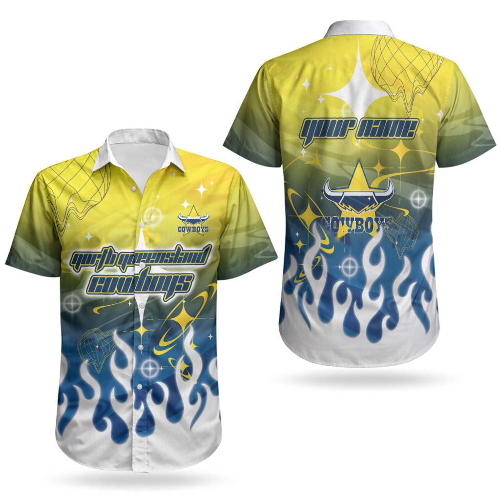 Personalized North Queensland Cowboys Couples Matching Off Shoulder Maxi Dress and Hawaiian Shirt Y2K Grunge Aesthetic With Cyber Flames and Starburst Graphics
