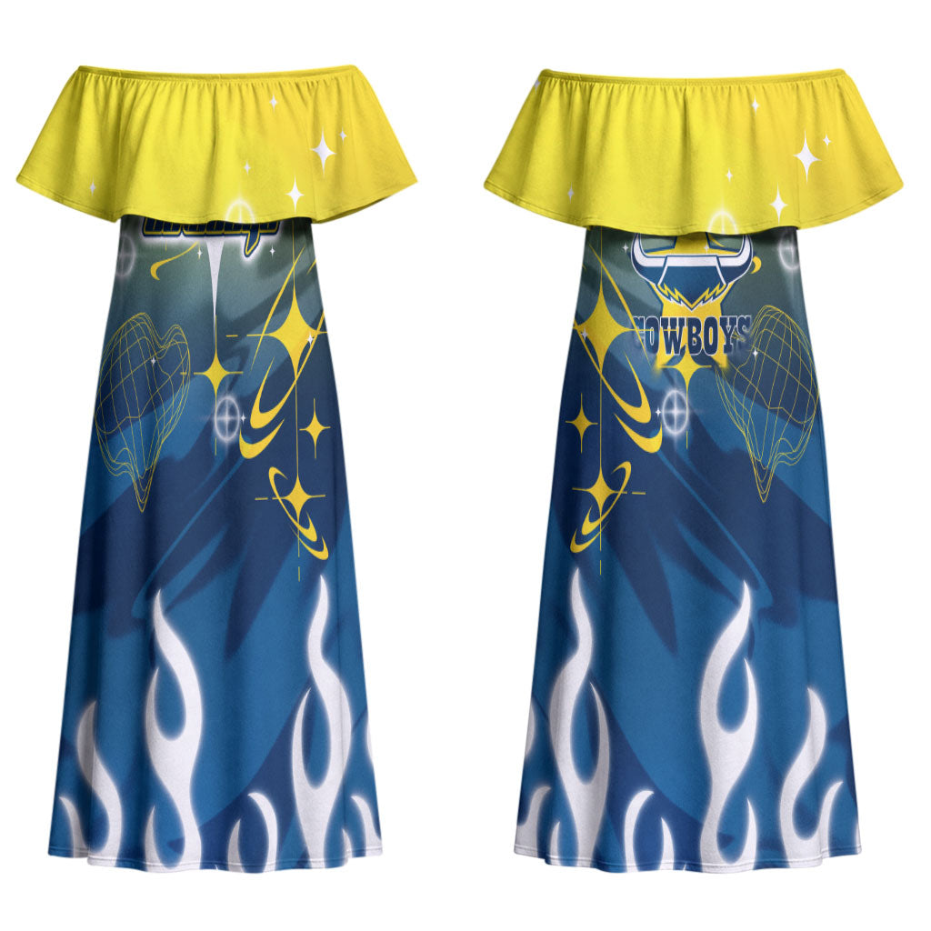 Personalized North Queensland Cowboys Couples Matching Off Shoulder Maxi Dress and Hawaiian Shirt Y2K Grunge Aesthetic With Cyber Flames and Starburst Graphics