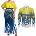Personalized North Queensland Cowboys Couples Matching Off Shoulder Maxi Dress and Long Sleeve Button Shirt Y2K Grunge Aesthetic With Cyber Flames and Starburst Graphics