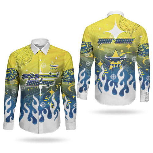 Personalized North Queensland Cowboys Couples Matching Off Shoulder Maxi Dress and Long Sleeve Button Shirt Y2K Grunge Aesthetic With Cyber Flames and Starburst Graphics
