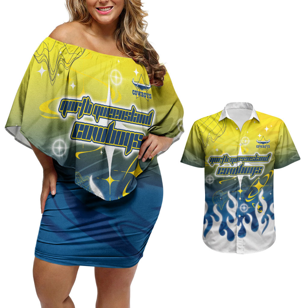Personalized North Queensland Cowboys Couples Matching Off Shoulder Short Dress and Hawaiian Shirt Y2K Grunge Aesthetic With Cyber Flames and Starburst Graphics