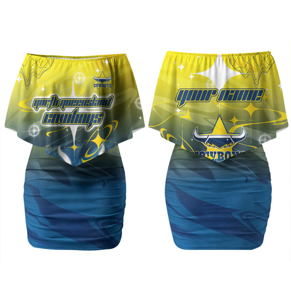 Personalized North Queensland Cowboys Couples Matching Off Shoulder Short Dress and Hawaiian Shirt Y2K Grunge Aesthetic With Cyber Flames and Starburst Graphics