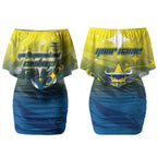 Personalized North Queensland Cowboys Couples Matching Off Shoulder Short Dress and Hawaiian Shirt Y2K Grunge Aesthetic With Cyber Flames and Starburst Graphics