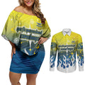 Personalized North Queensland Cowboys Couples Matching Off Shoulder Short Dress and Long Sleeve Button Shirt Y2K Grunge Aesthetic With Cyber Flames and Starburst Graphics