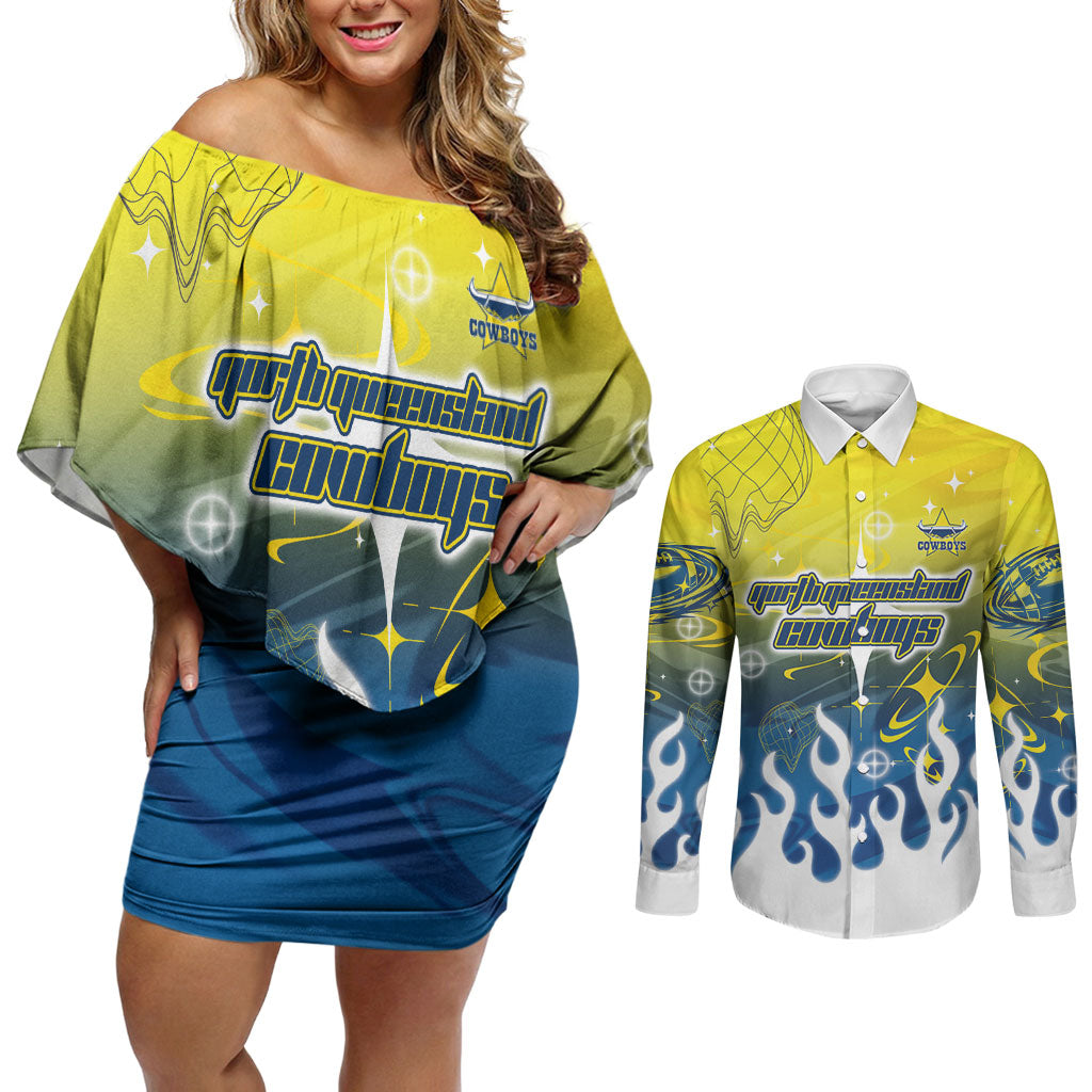 Personalized North Queensland Cowboys Couples Matching Off Shoulder Short Dress and Long Sleeve Button Shirt Y2K Grunge Aesthetic With Cyber Flames and Starburst Graphics