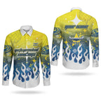 Personalized North Queensland Cowboys Couples Matching Off Shoulder Short Dress and Long Sleeve Button Shirt Y2K Grunge Aesthetic With Cyber Flames and Starburst Graphics