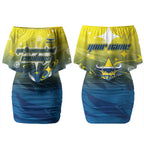 Personalized North Queensland Cowboys Couples Matching Off Shoulder Short Dress and Long Sleeve Button Shirt Y2K Grunge Aesthetic With Cyber Flames and Starburst Graphics