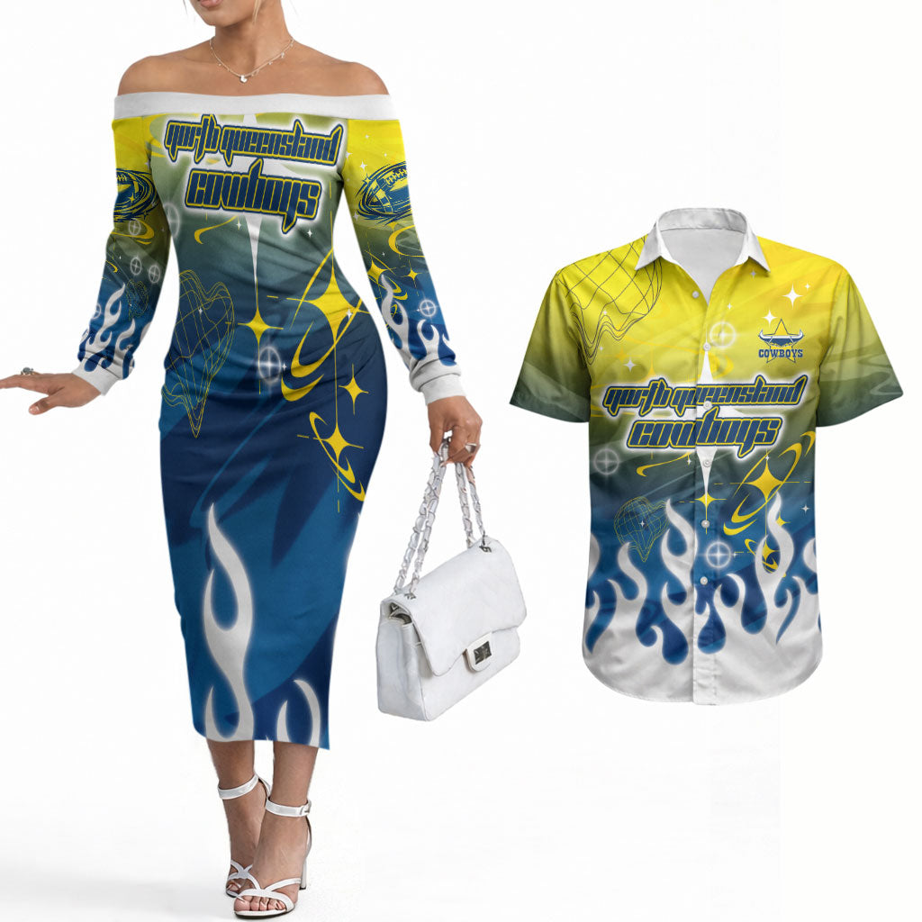 Personalized North Queensland Cowboys Couples Matching Off The Shoulder Long Sleeve Dress and Hawaiian Shirt Y2K Grunge Aesthetic With Cyber Flames and Starburst Graphics