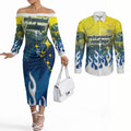 Personalized North Queensland Cowboys Couples Matching Off The Shoulder Long Sleeve Dress and Long Sleeve Button Shirt Y2K Grunge Aesthetic With Cyber Flames and Starburst Graphics