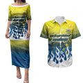 Personalized North Queensland Cowboys Couples Matching Puletasi and Hawaiian Shirt Y2K Grunge Aesthetic With Cyber Flames and Starburst Graphics