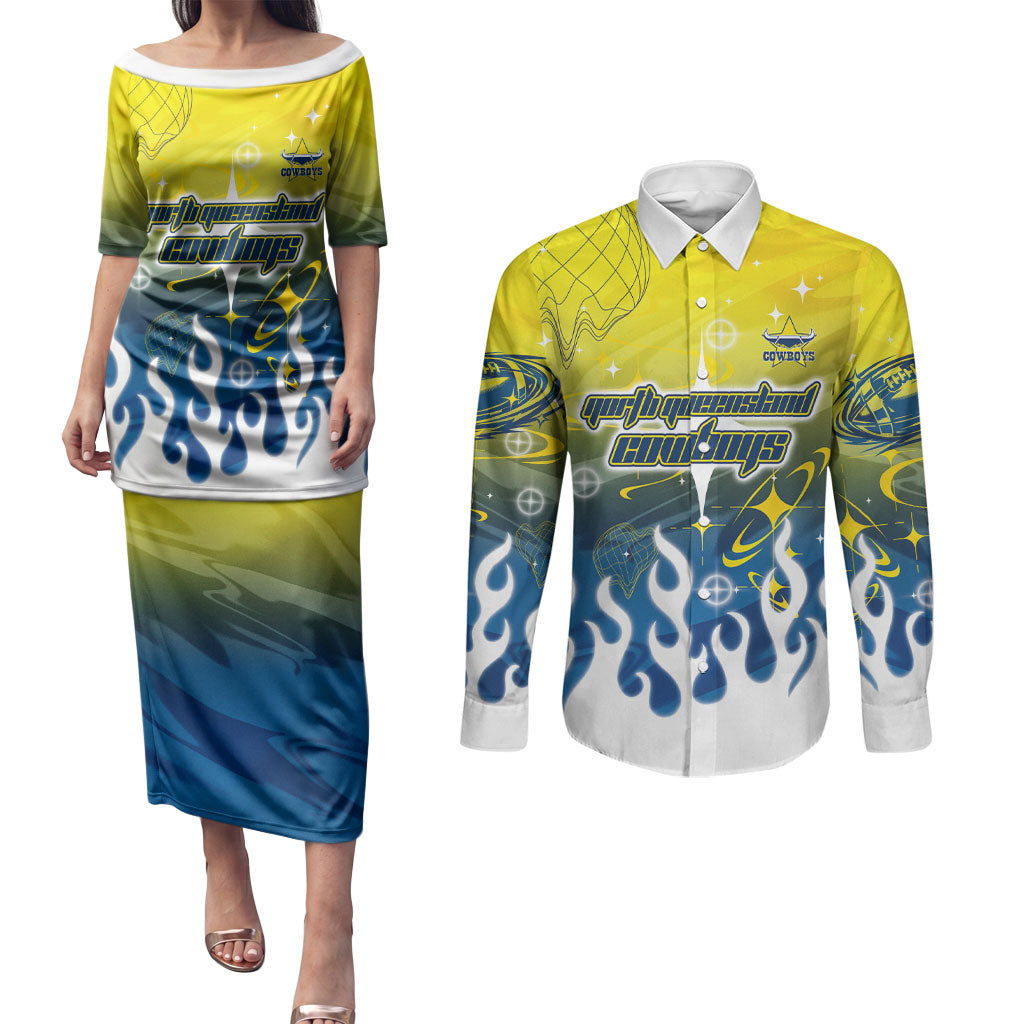 Personalized North Queensland Cowboys Couples Matching Puletasi and Long Sleeve Button Shirt Y2K Grunge Aesthetic With Cyber Flames and Starburst Graphics
