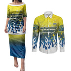 Personalized North Queensland Cowboys Couples Matching Puletasi and Long Sleeve Button Shirt Y2K Grunge Aesthetic With Cyber Flames and Starburst Graphics
