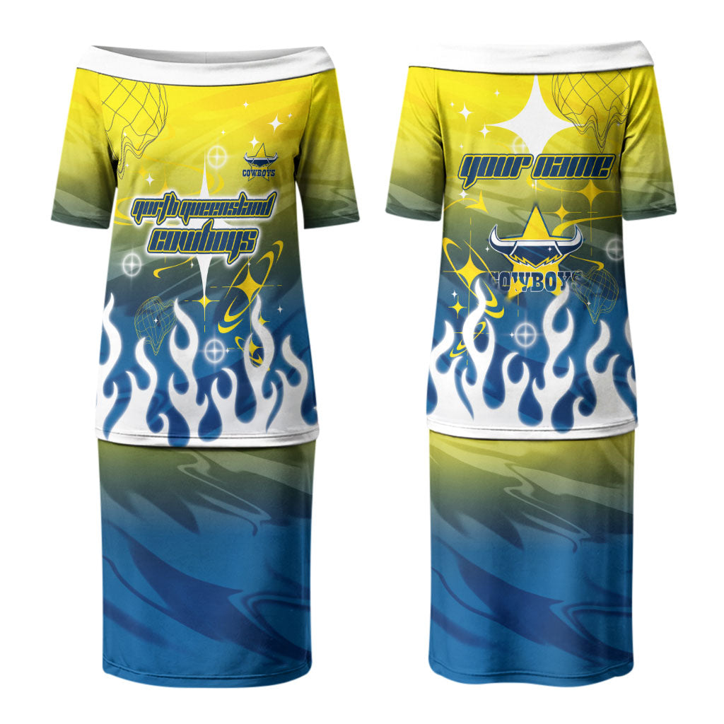 Personalized North Queensland Cowboys Couples Matching Puletasi and Long Sleeve Button Shirt Y2K Grunge Aesthetic With Cyber Flames and Starburst Graphics