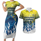 Personalized North Queensland Cowboys Couples Matching Short Sleeve Bodycon Dress and Hawaiian Shirt Y2K Grunge Aesthetic With Cyber Flames and Starburst Graphics