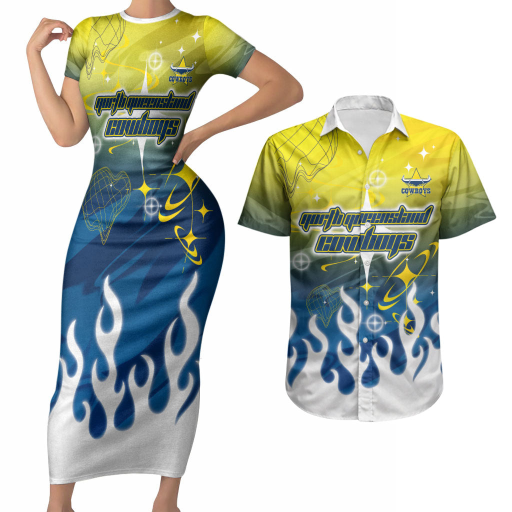 Personalized North Queensland Cowboys Couples Matching Short Sleeve Bodycon Dress and Hawaiian Shirt Y2K Grunge Aesthetic With Cyber Flames and Starburst Graphics