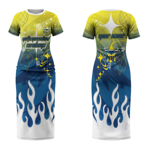 Personalized North Queensland Cowboys Couples Matching Short Sleeve Bodycon Dress and Hawaiian Shirt Y2K Grunge Aesthetic With Cyber Flames and Starburst Graphics