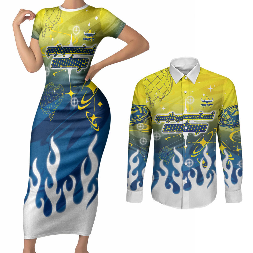 Personalized North Queensland Cowboys Couples Matching Short Sleeve Bodycon Dress and Long Sleeve Button Shirt Y2K Grunge Aesthetic With Cyber Flames and Starburst Graphics