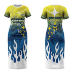 Personalized North Queensland Cowboys Couples Matching Short Sleeve Bodycon Dress and Long Sleeve Button Shirt Y2K Grunge Aesthetic With Cyber Flames and Starburst Graphics