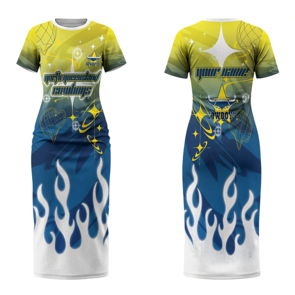 Personalized North Queensland Cowboys Couples Matching Short Sleeve Bodycon Dress and Long Sleeve Button Shirt Y2K Grunge Aesthetic With Cyber Flames and Starburst Graphics