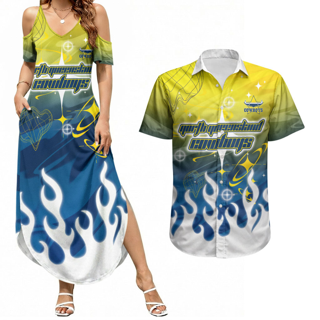 Personalized North Queensland Cowboys Couples Matching Summer Maxi Dress and Hawaiian Shirt Y2K Grunge Aesthetic With Cyber Flames and Starburst Graphics