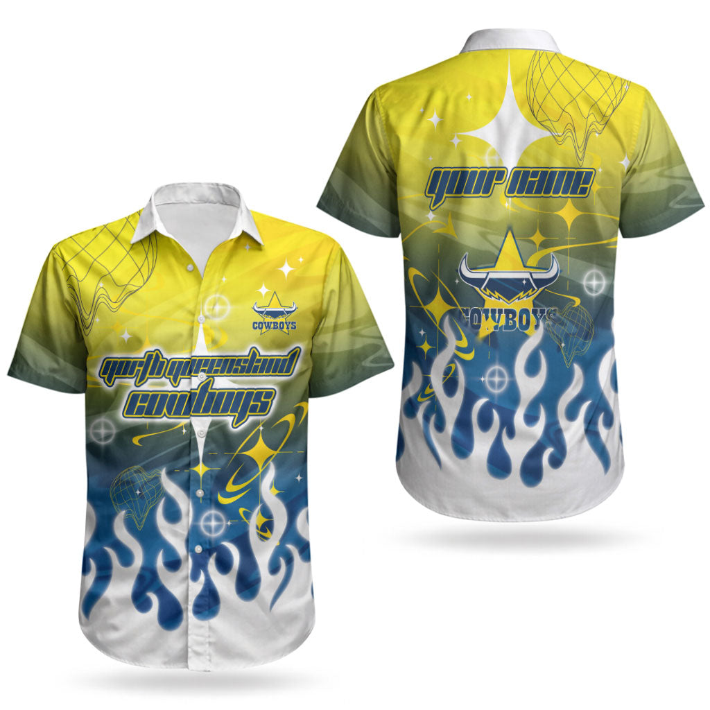 Personalized North Queensland Cowboys Couples Matching Summer Maxi Dress and Hawaiian Shirt Y2K Grunge Aesthetic With Cyber Flames and Starburst Graphics