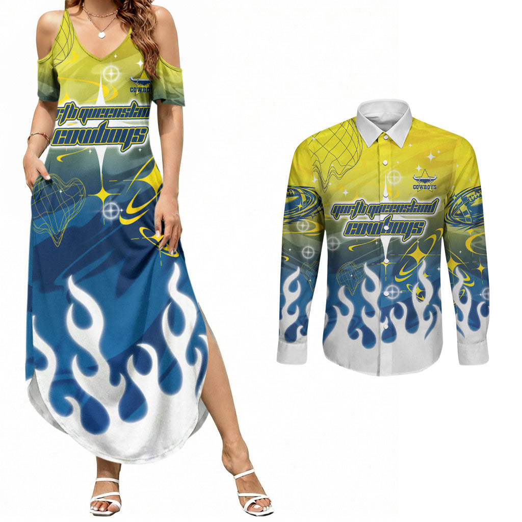 Personalized North Queensland Cowboys Couples Matching Summer Maxi Dress and Long Sleeve Button Shirt Y2K Grunge Aesthetic With Cyber Flames and Starburst Graphics