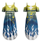 Personalized North Queensland Cowboys Couples Matching Summer Maxi Dress and Long Sleeve Button Shirt Y2K Grunge Aesthetic With Cyber Flames and Starburst Graphics