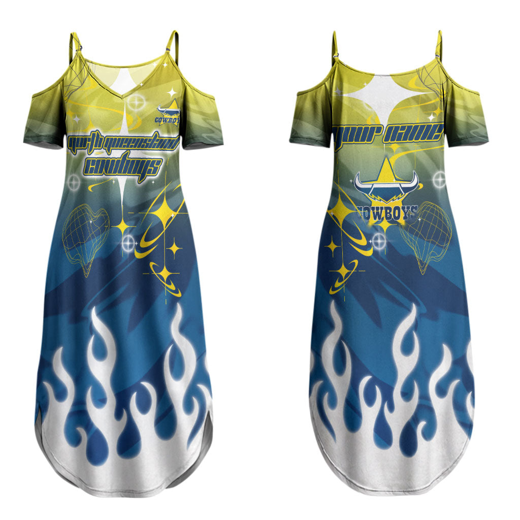 Personalized North Queensland Cowboys Couples Matching Summer Maxi Dress and Long Sleeve Button Shirt Y2K Grunge Aesthetic With Cyber Flames and Starburst Graphics