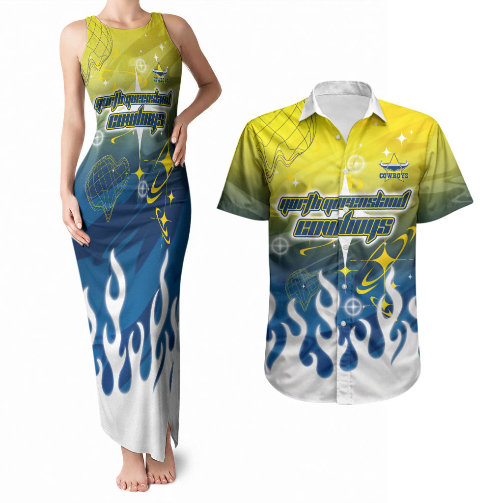 Personalized North Queensland Cowboys Couples Matching Tank Maxi Dress and Hawaiian Shirt Y2K Grunge Aesthetic With Cyber Flames and Starburst Graphics