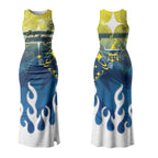 Personalized North Queensland Cowboys Couples Matching Tank Maxi Dress and Hawaiian Shirt Y2K Grunge Aesthetic With Cyber Flames and Starburst Graphics