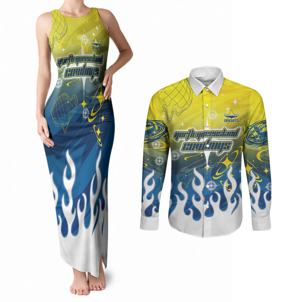 Personalized North Queensland Cowboys Couples Matching Tank Maxi Dress and Long Sleeve Button Shirt Y2K Grunge Aesthetic With Cyber Flames and Starburst Graphics
