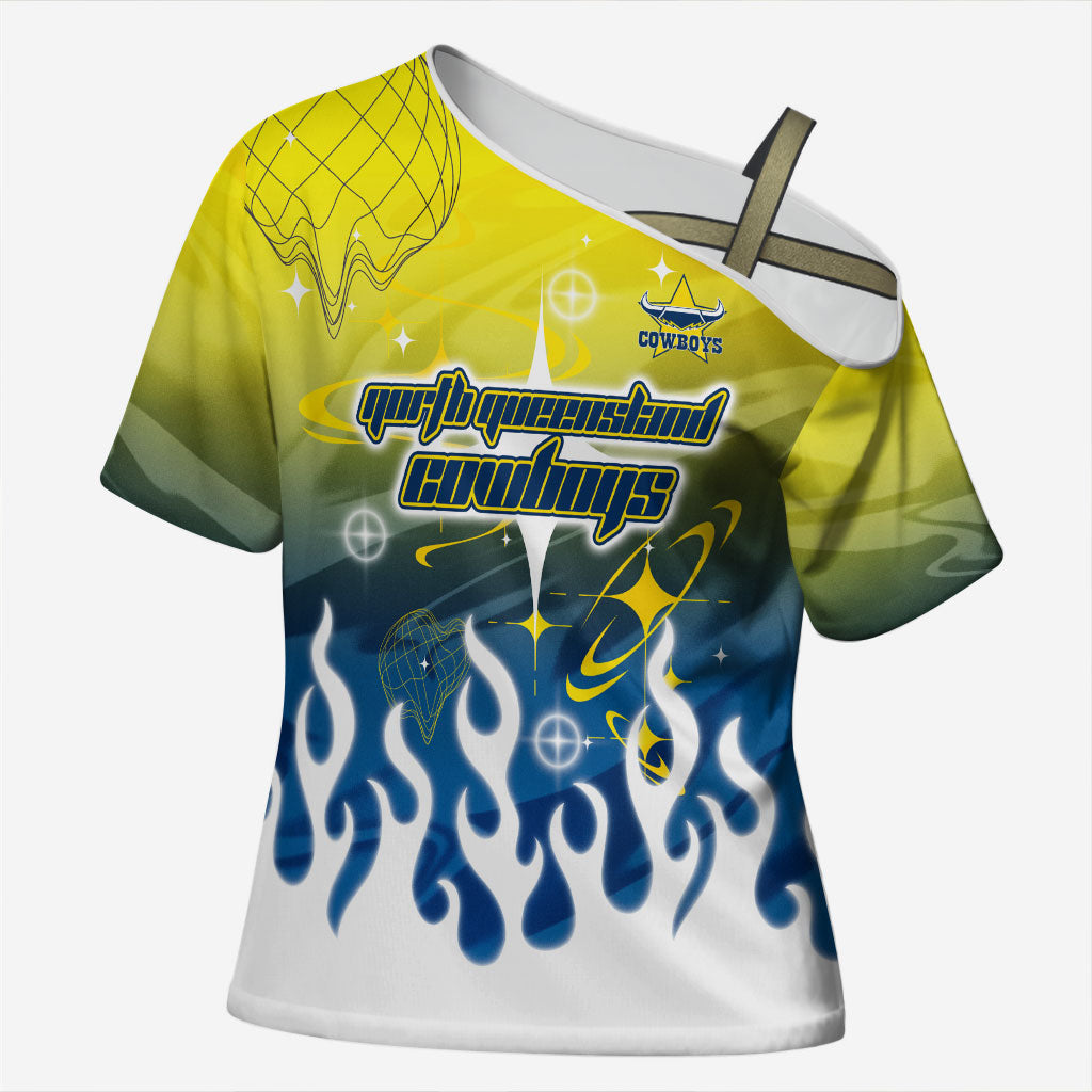 Personalized North Queensland Cowboys Cross Shoulder Shirt Y2K Grunge Aesthetic With Cyber Flames and Starburst Graphics