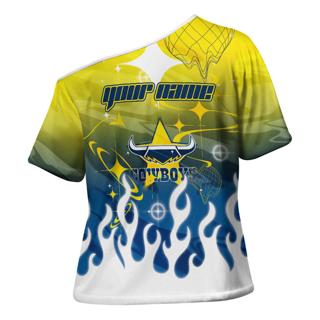 Personalized North Queensland Cowboys Cross Shoulder Shirt Y2K Grunge Aesthetic With Cyber Flames and Starburst Graphics