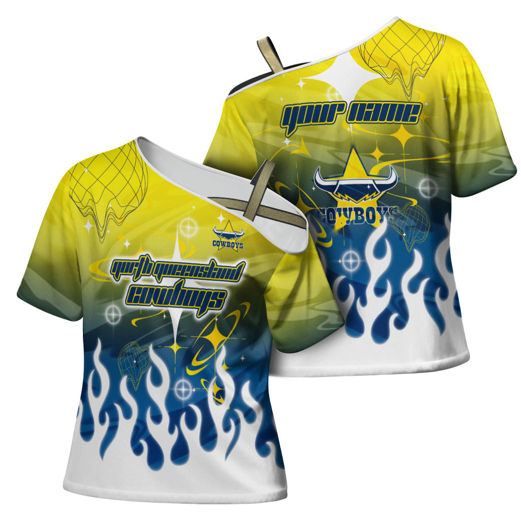 Personalized North Queensland Cowboys Cross Shoulder Shirt Y2K Grunge Aesthetic With Cyber Flames and Starburst Graphics