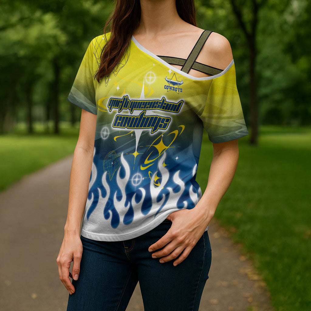 Personalized North Queensland Cowboys Cross Shoulder Shirt Y2K Grunge Aesthetic With Cyber Flames and Starburst Graphics