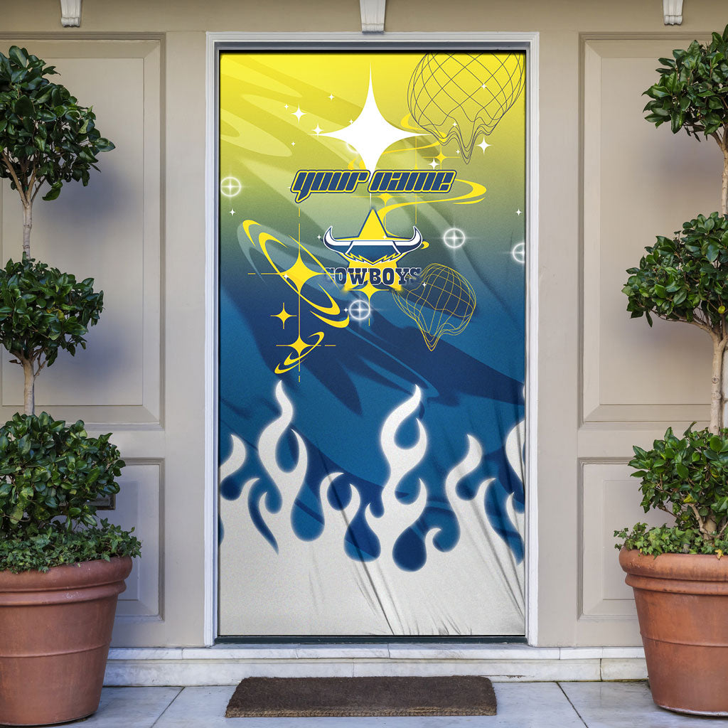 Personalized North Queensland Cowboys Door Cover Y2K Grunge Aesthetic With Cyber Flames and Starburst Graphics